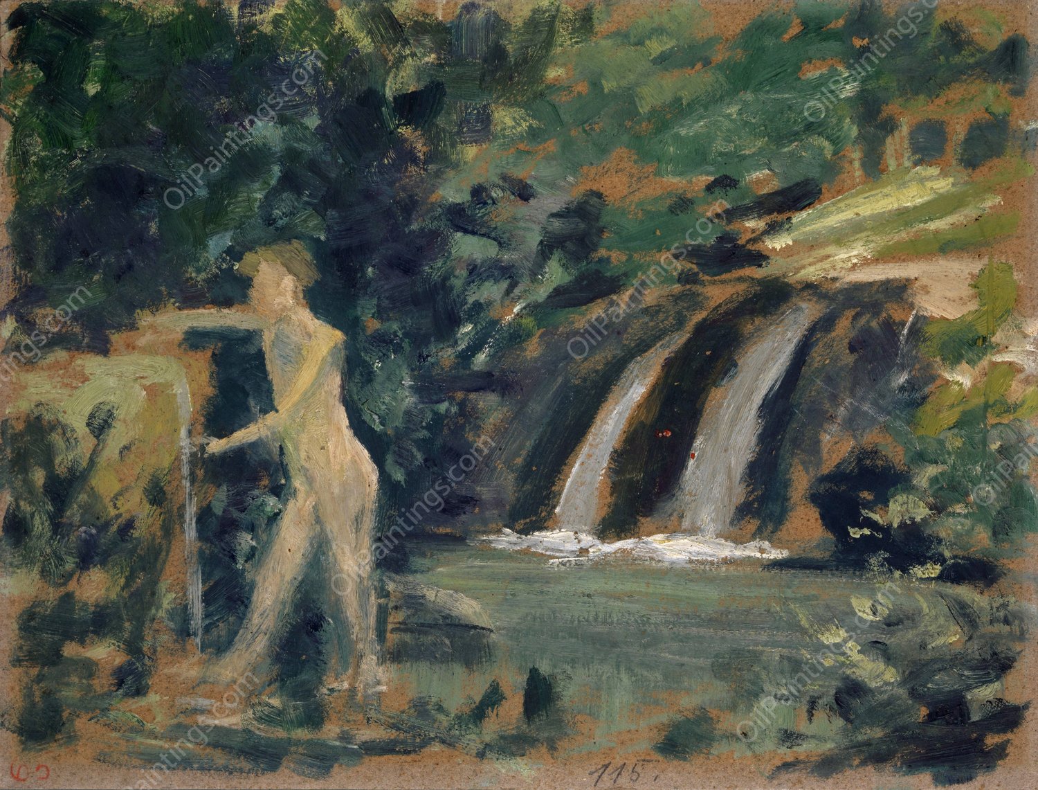 Bathing Boy in a River in the Woods by Ernst Schiess - Hand-Painted Oil Painting Reproduction
