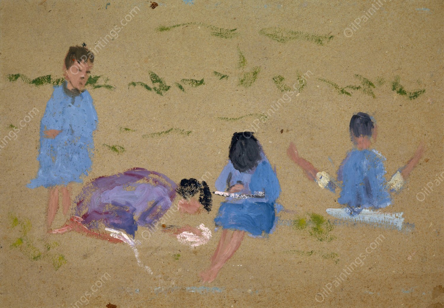 Children Barefoot in the Green by Ernst Schiess - Hand-Painted Oil Painting Reproduction