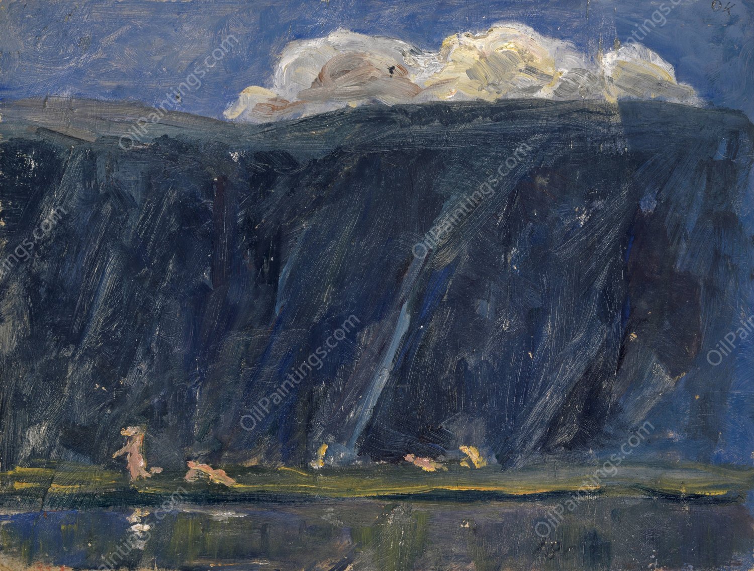 Mountain Lake with Nude Figures by Ernst Schiess - Hand-Painted Oil Painting Reproduction