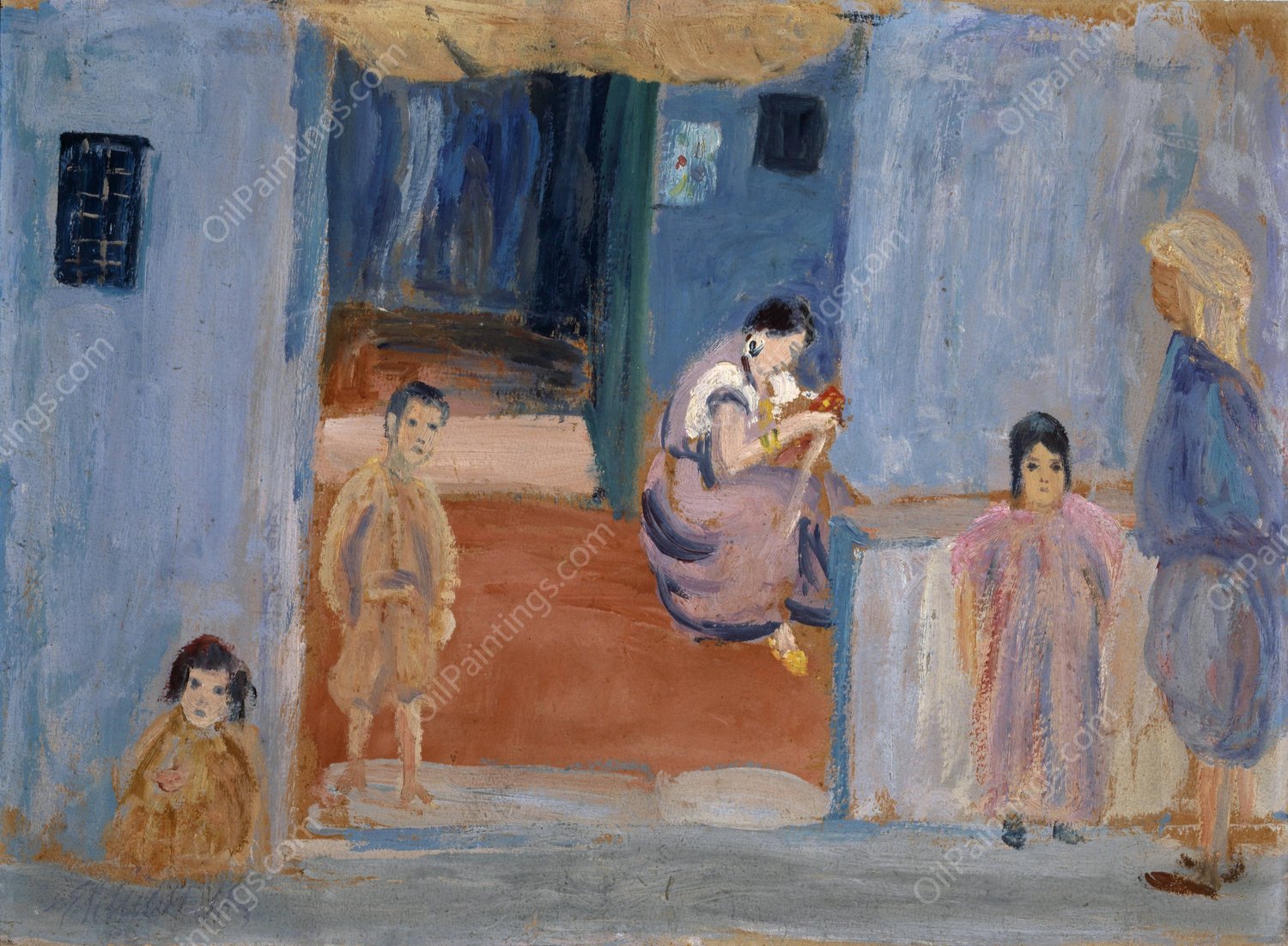 Natives in front of their Dwelling  by Ernst Schiess - Hand-Painted Oil Painting Reproduction