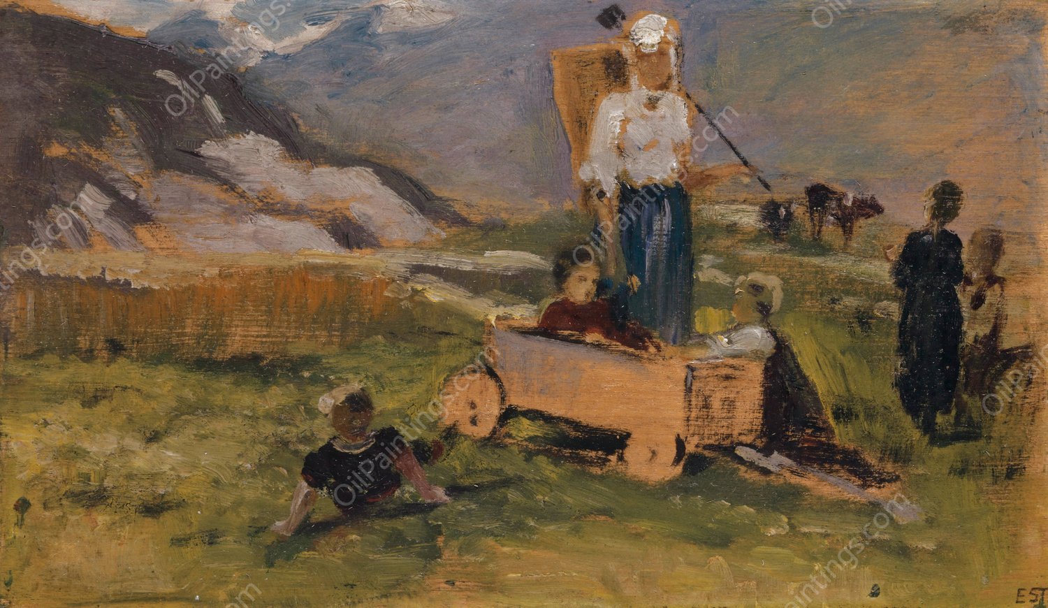 Children Playing on a Meadow  by Ernst Stuckelberg - Hand-Painted Oil Painting Reproduction