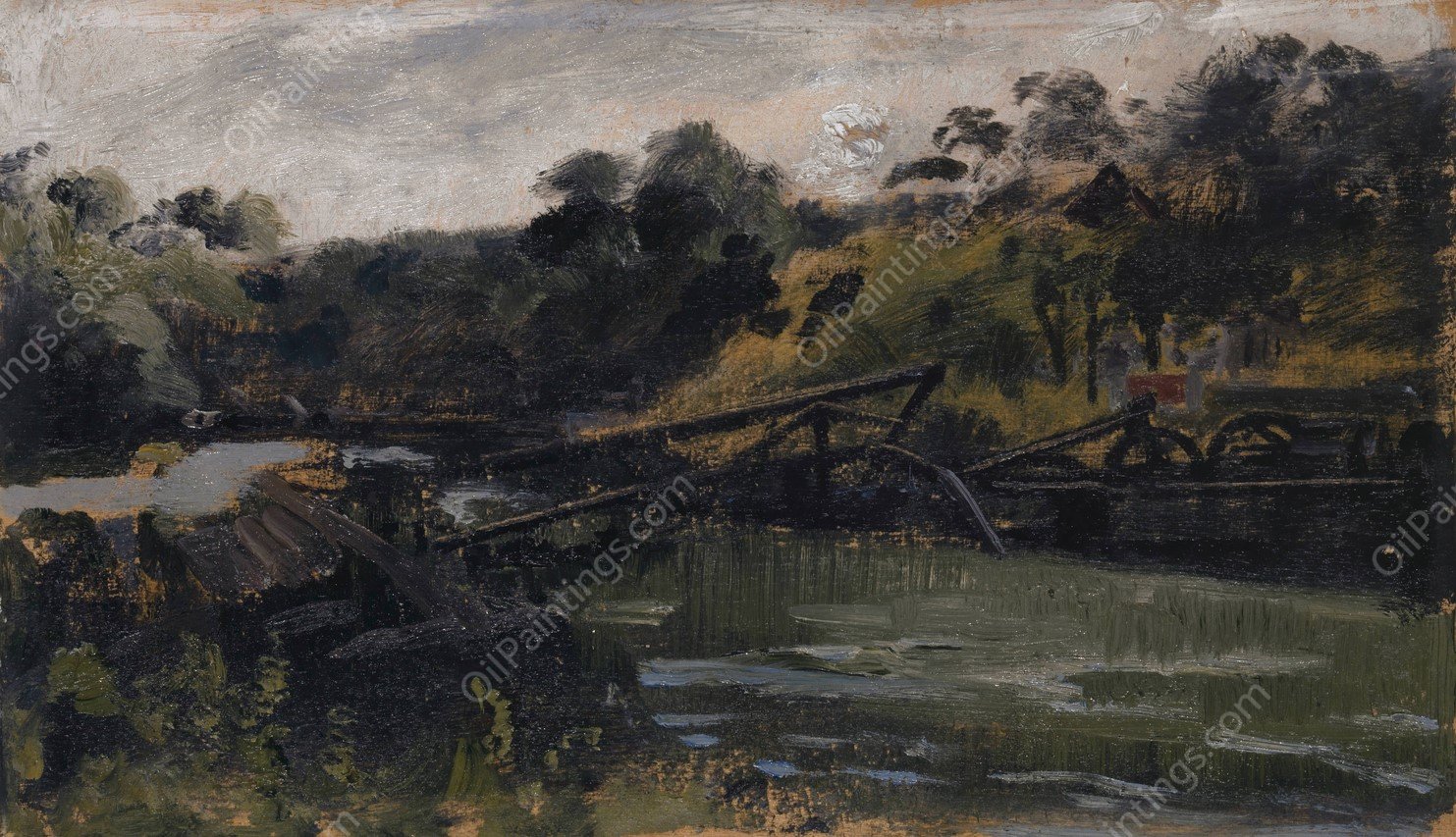 The Collapsed Bridge after the Train Accident of Munchenstein on June 14  by Ernst Stuckelberg - Hand-Painted Oil Painting Reproduction