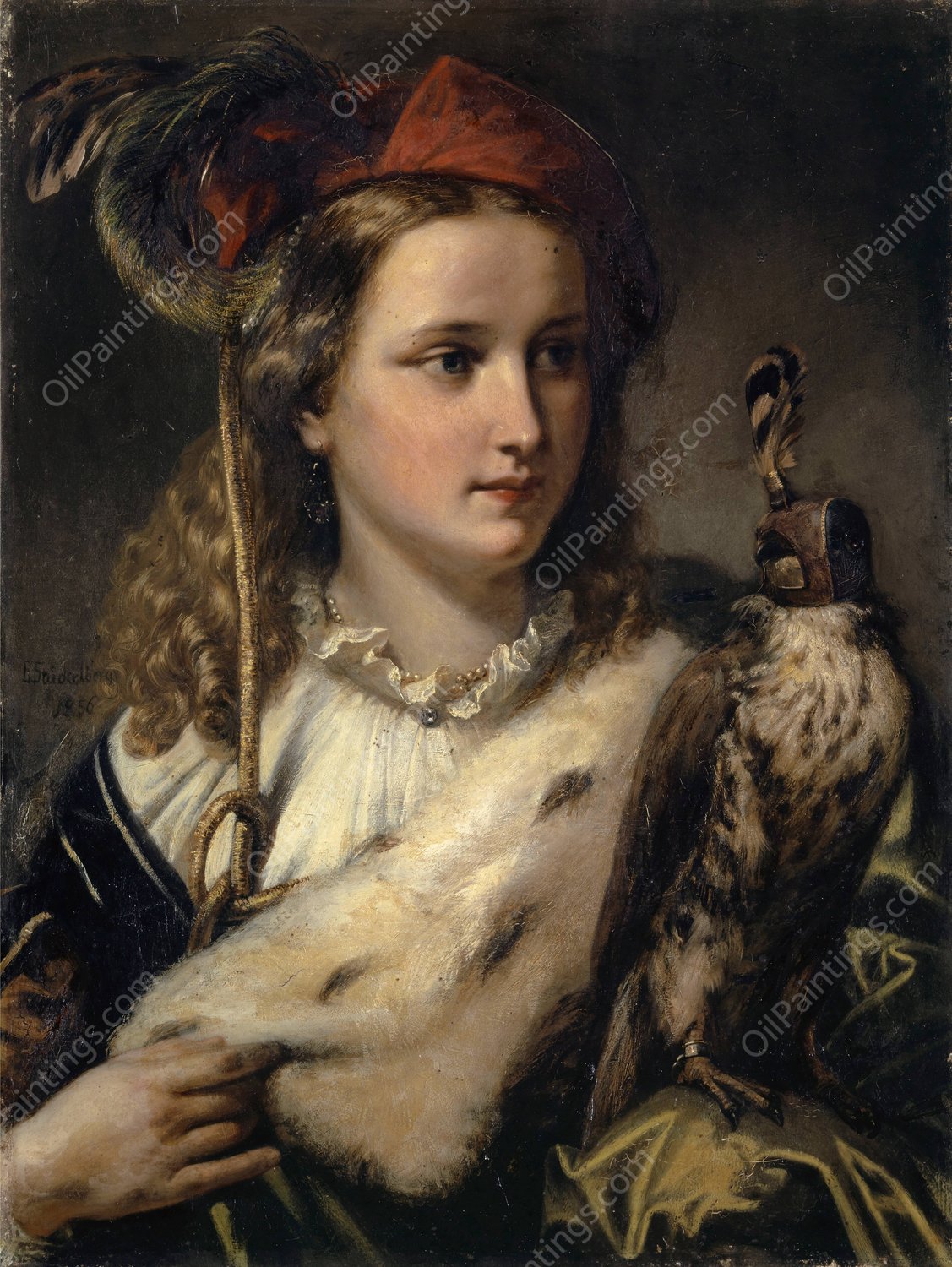 Young Nobel Woman with a Falcon  by Ernst Stuckelberg - Hand-Painted Oil Painting Reproduction