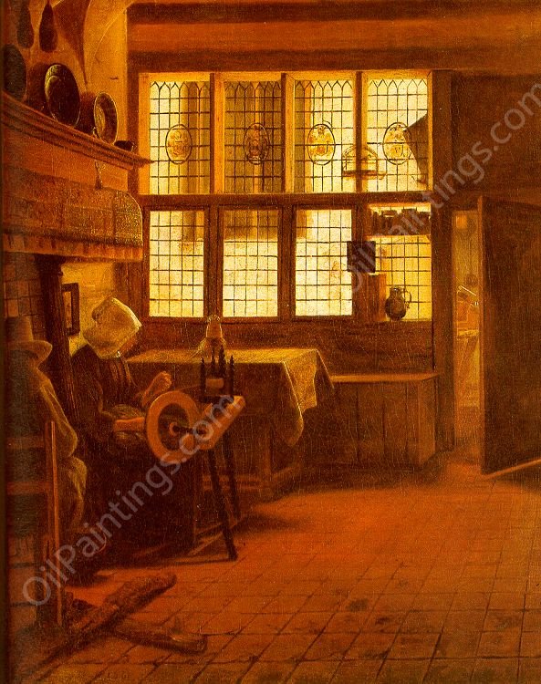Interior with a Woman at a Spinning Wheel by Esaias Boursse - Hand-Painted Oil Painting Reproduction