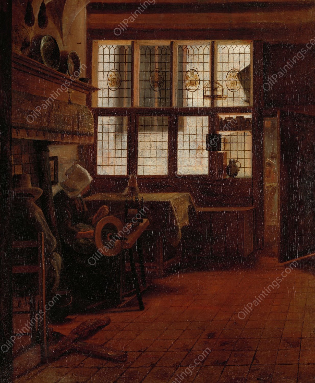 Interior with Woman at the Spinning Wheel  by Esaias Boursse - Hand-Painted Oil Painting Reproduction