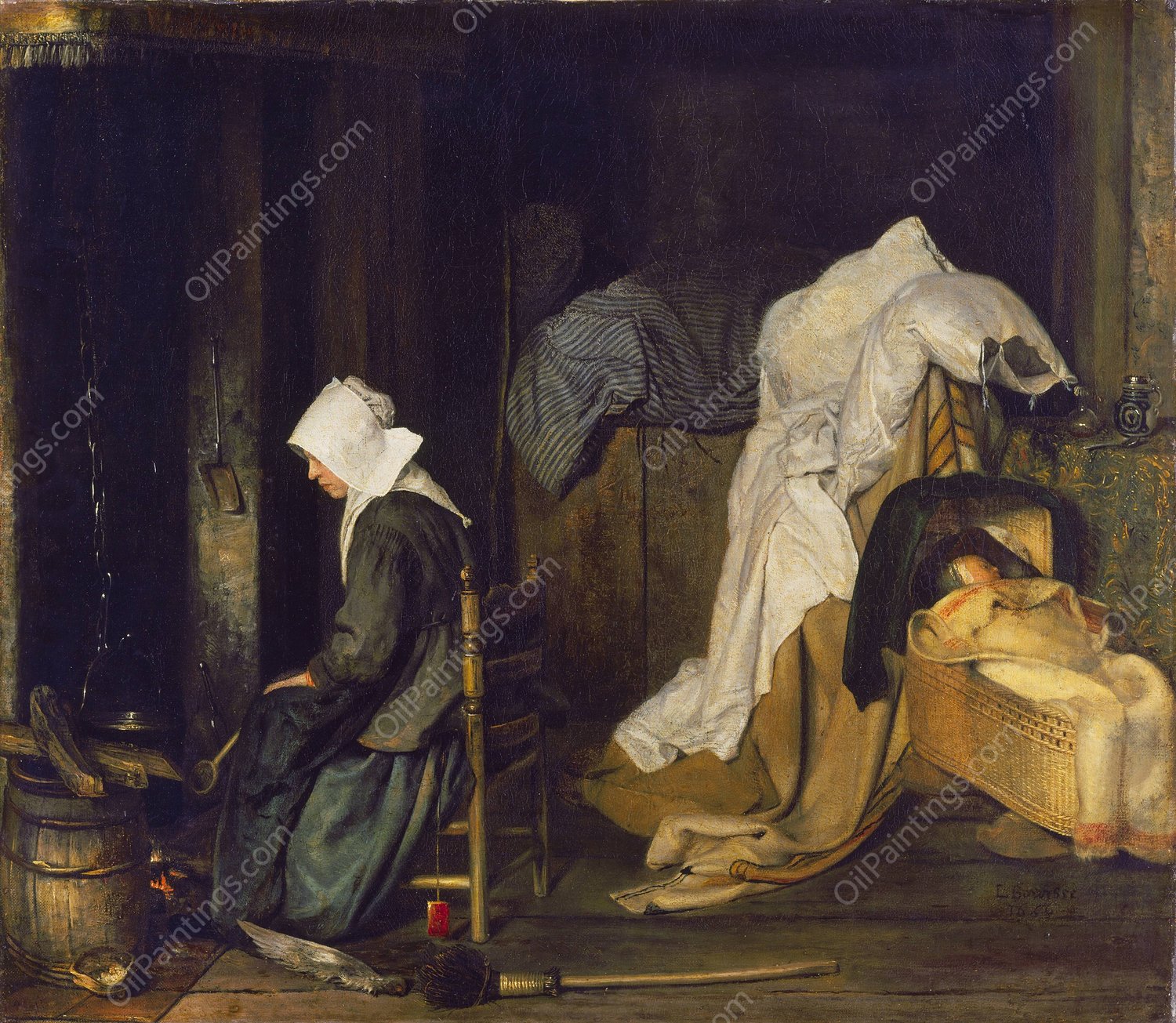 Interior with Woman Cooking  by Esaias Boursse - Hand-Painted Oil Painting Reproduction