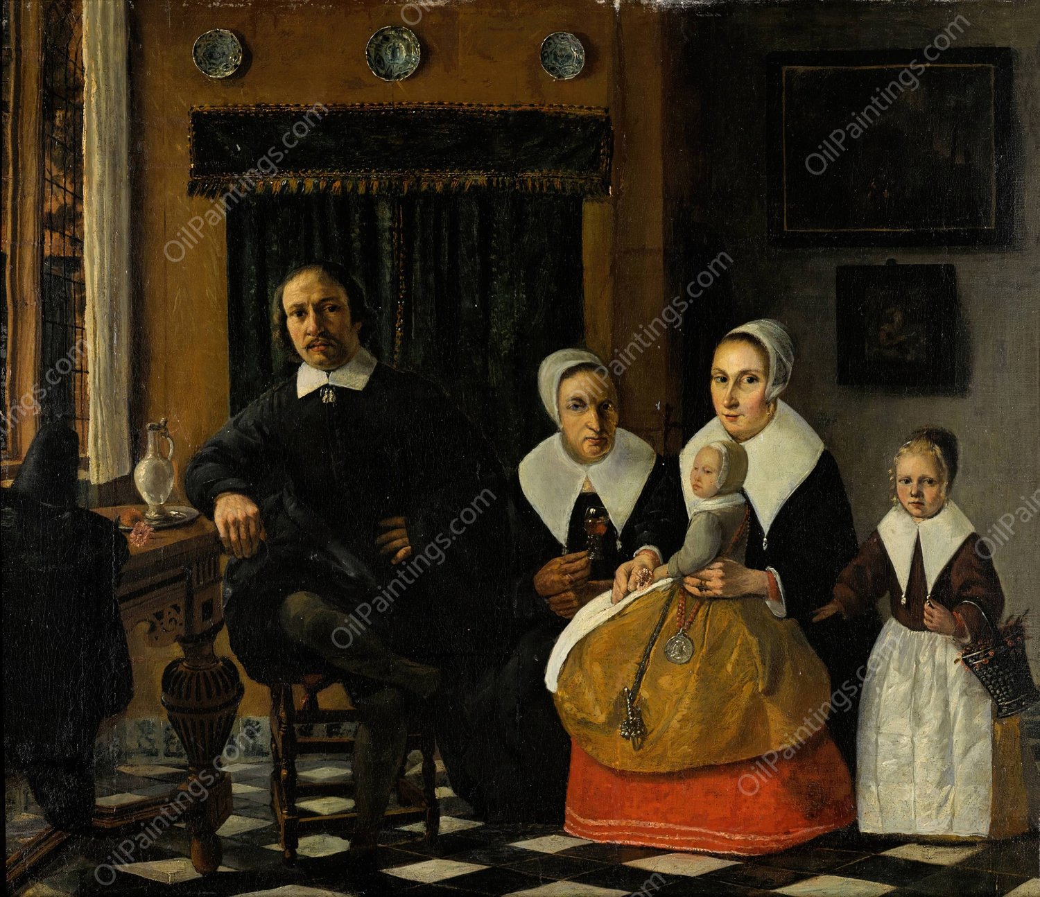 Portrait of a family in an interior by Esaias Boursse - Hand-Painted Oil Painting Reproduction