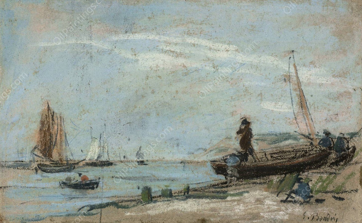 Beach with Fishing Boats  by Eugene Boudin - Hand-Painted Oil Painting Reproduction