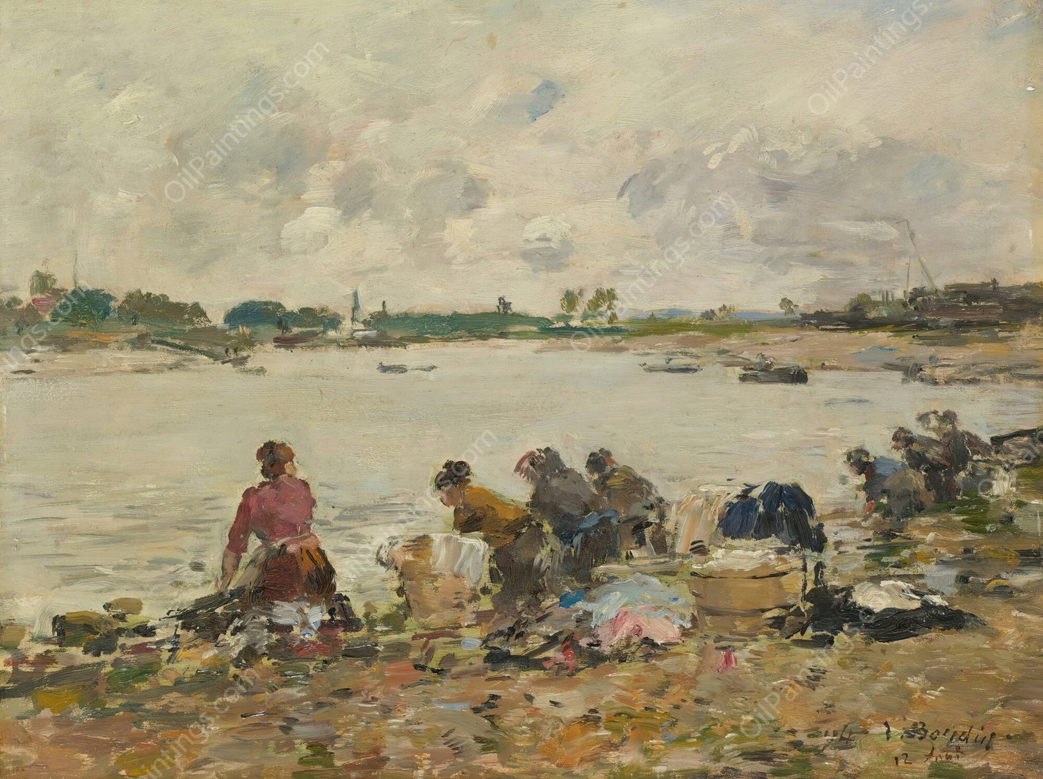 Laveuses Au Bord De La Touques  by Eugene Boudin - Hand-Painted Oil Painting Reproduction