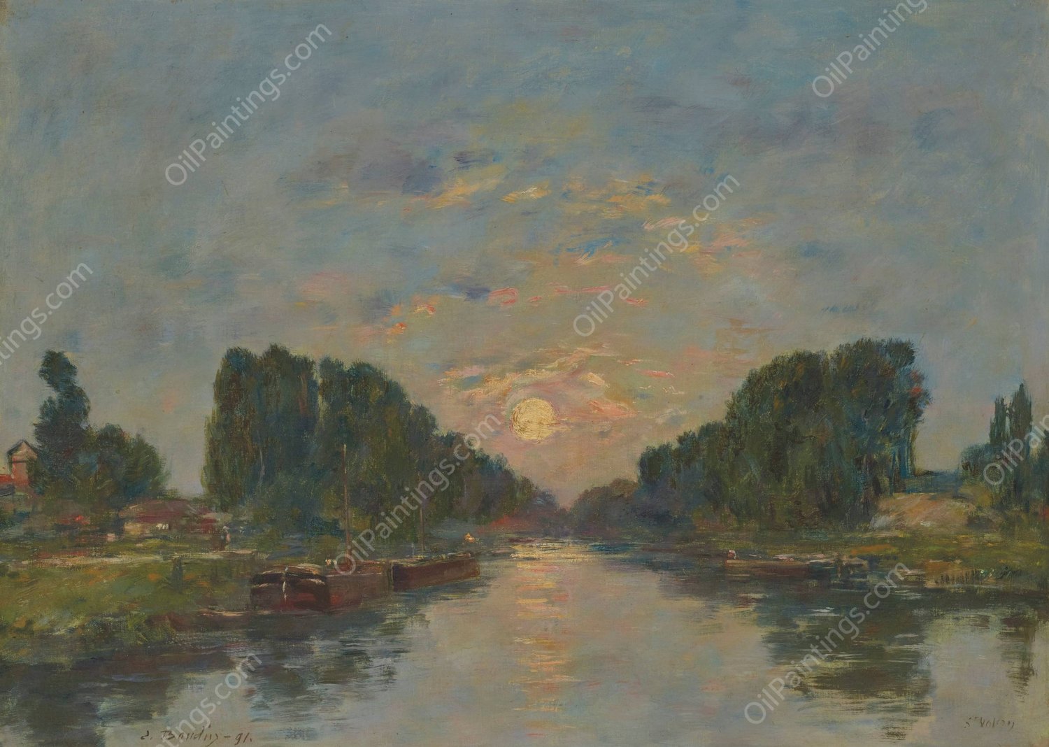 Saint-Valery-sur-Somme. Effet de lune sur le canal  by Eugene Boudin - Hand-Painted Oil Painting Reproduction