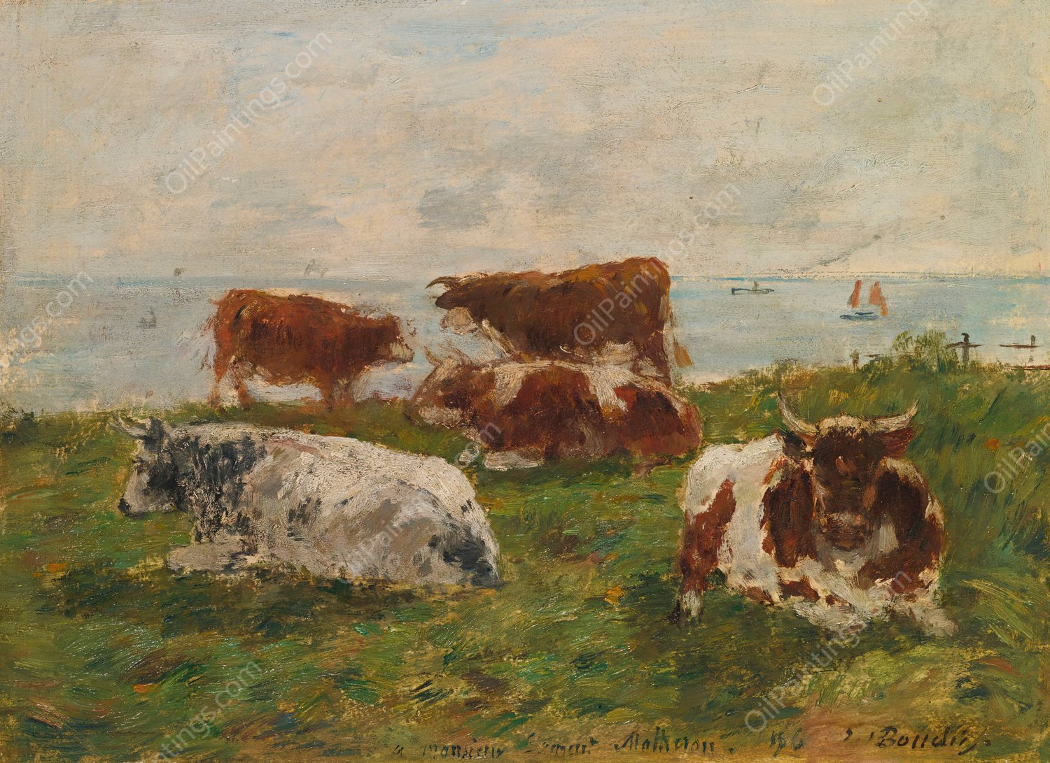 Vaches Au Pre Au Bord De La Me  by Eugene Boudin - Hand-Painted Oil Painting Reproduction