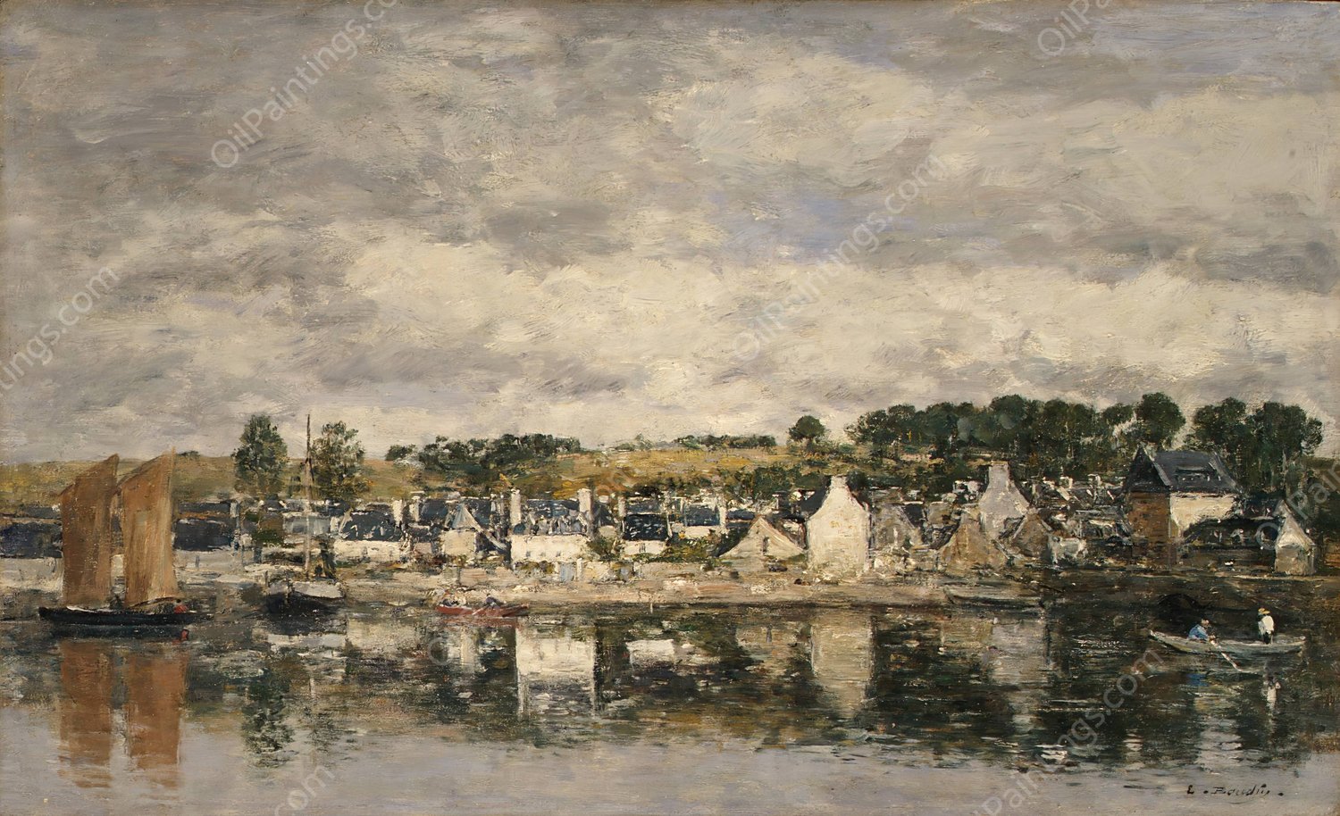 Village by a River  by Eugene Boudin - Hand-Painted Oil Painting Reproduction