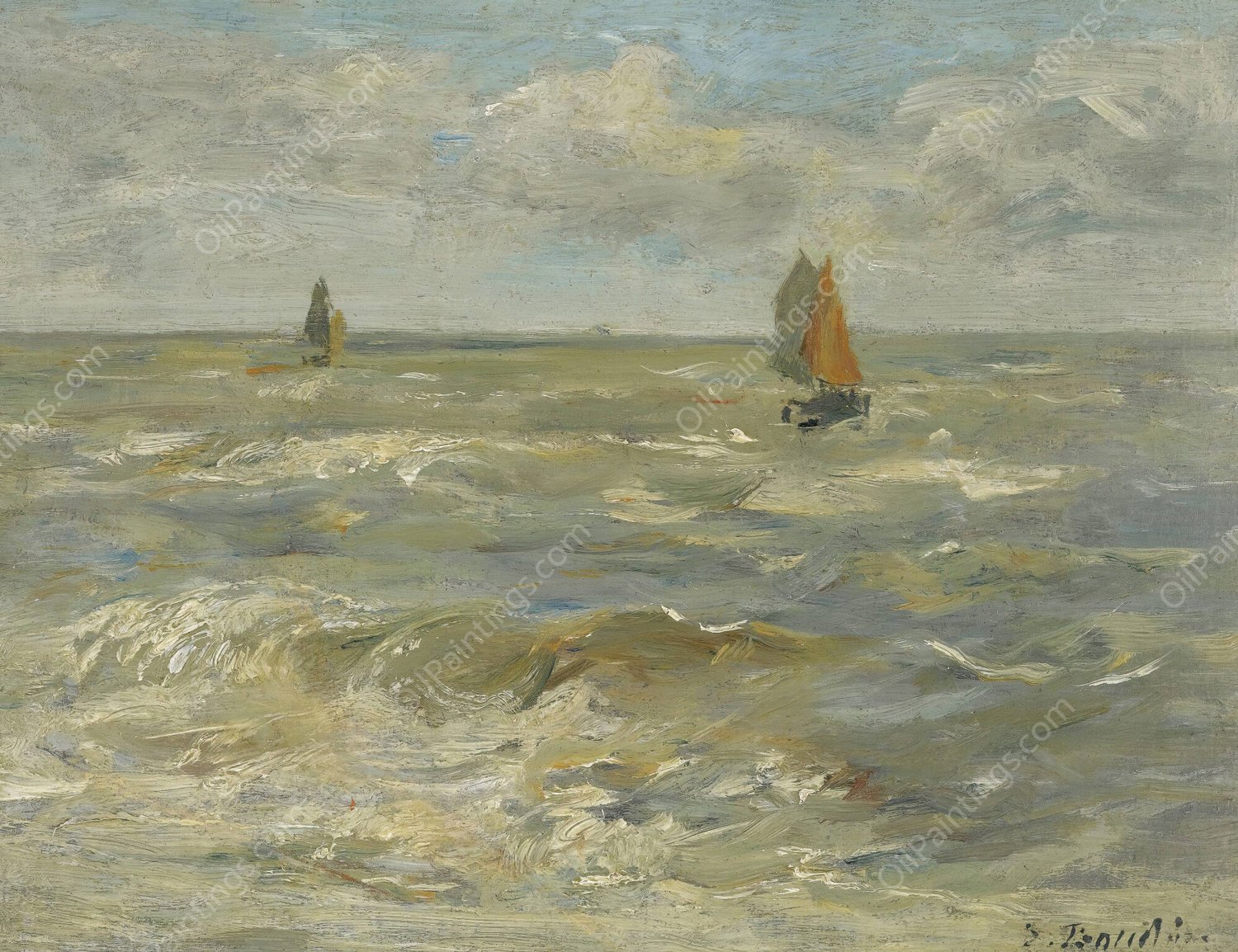 Voiliers Sur La Mer  by Eugene Boudin - Hand-Painted Oil Painting Reproduction