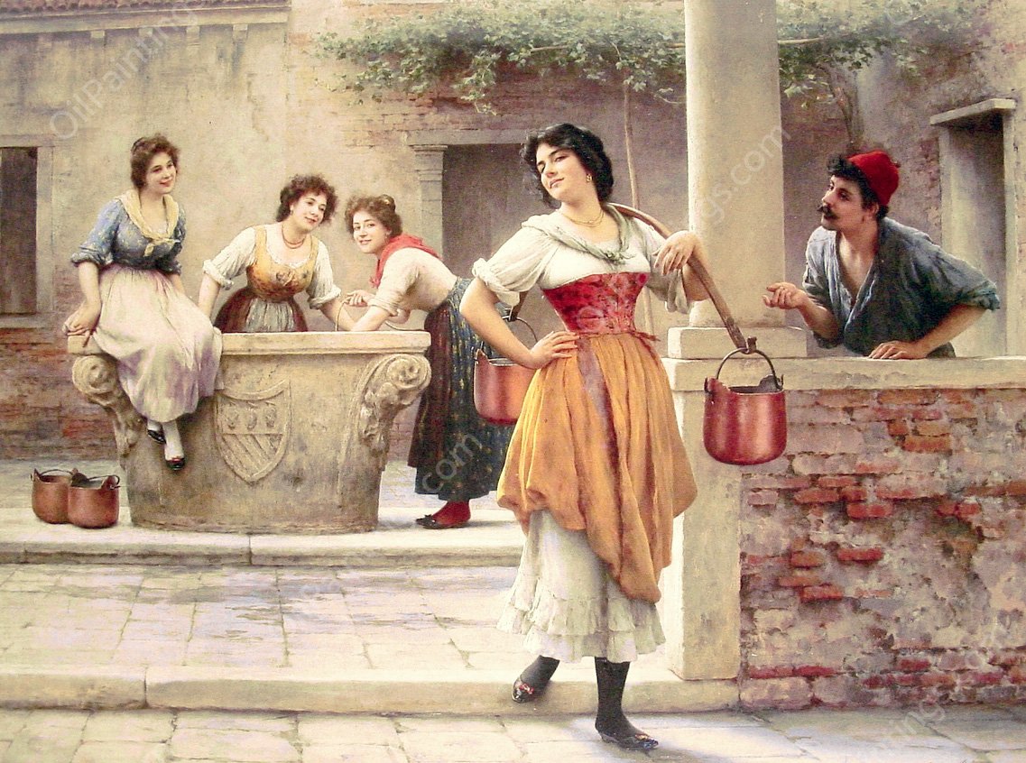 Flirtation at the Well by Eugene De Blaas - Hand-Painted Oil Painting Reproduction