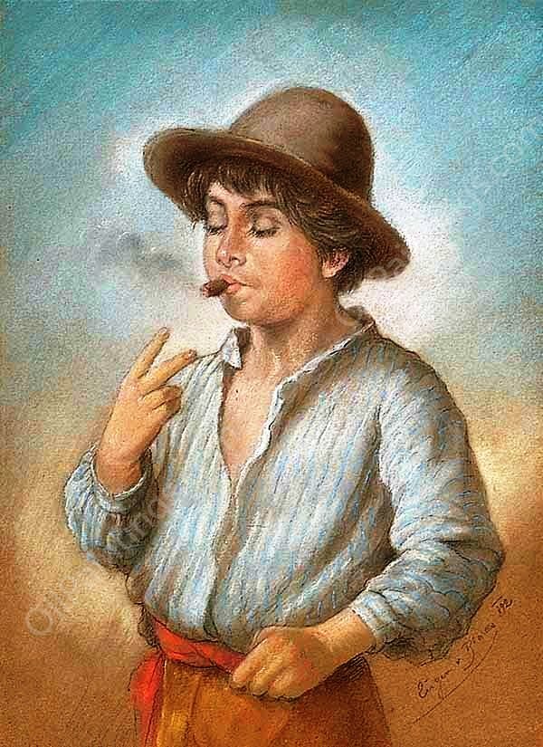 Young Boy with a Cigar by Eugene De Blaas - Hand-Painted Oil Painting Reproduction