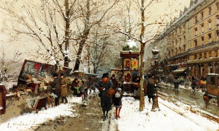 Bookstalls in Winter by Eugene Galien-Laloue - Hand-Painted Oil Painting Reproduction