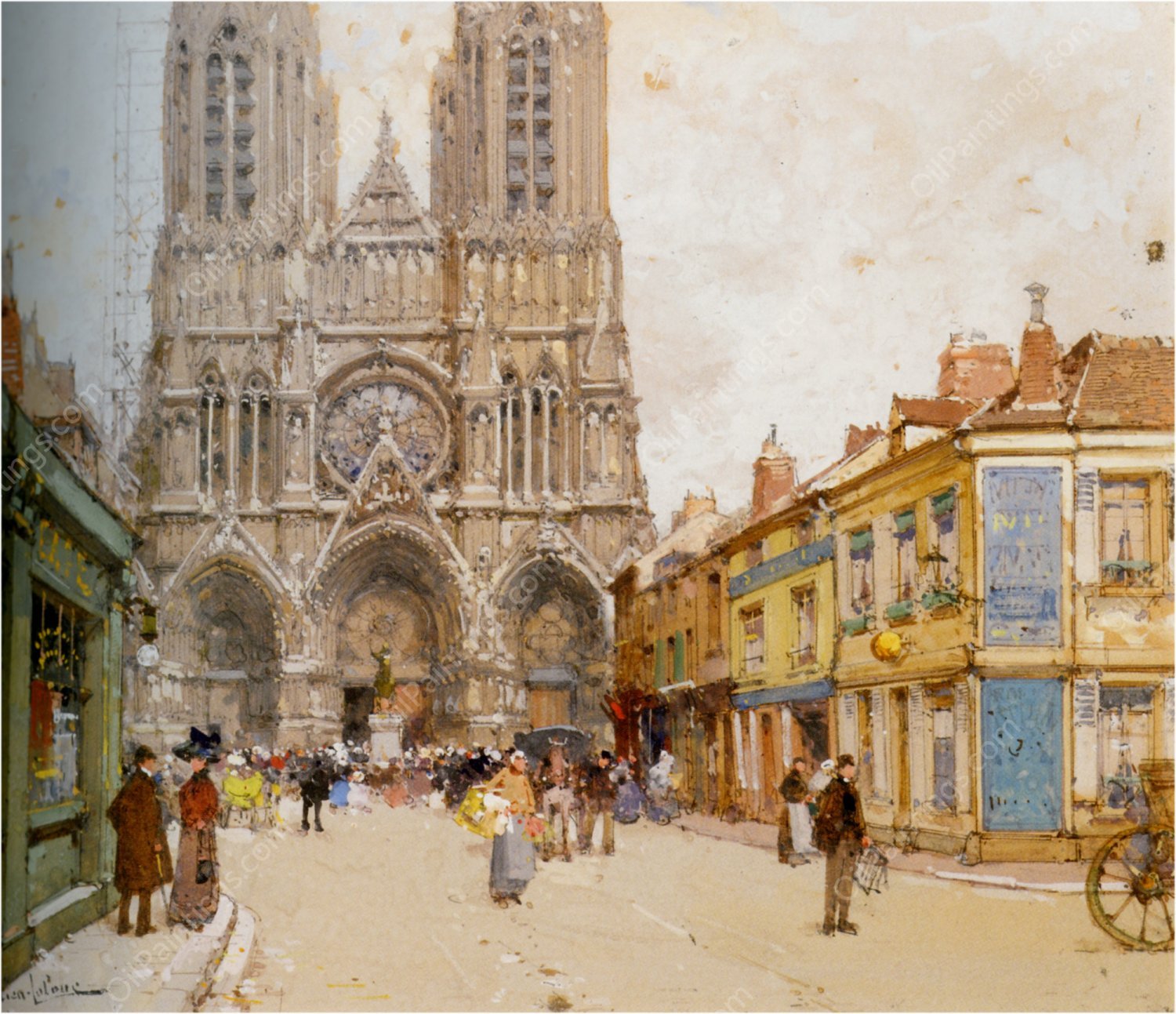 La Cathedrale de Reims by Eugene Galien-Laloue - Hand-Painted Oil Painting Reproduction