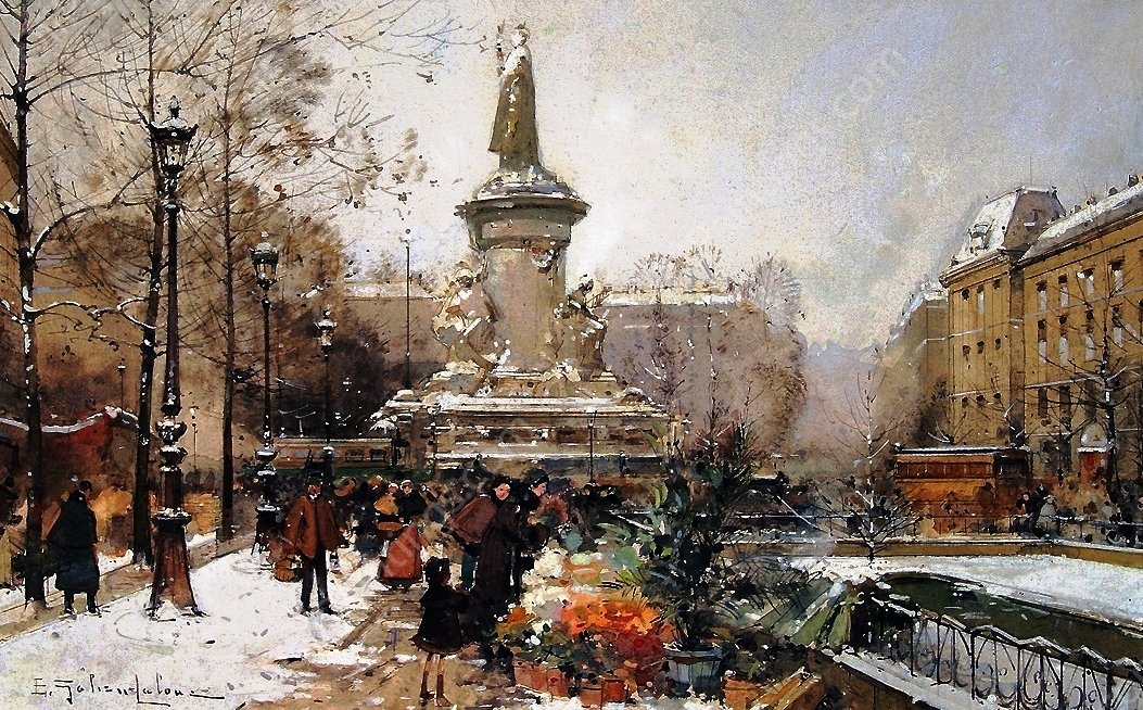 La Place de la Republique, Sous la Neige by Eugene Galien-Laloue - Hand-Painted Oil Painting Reproduction