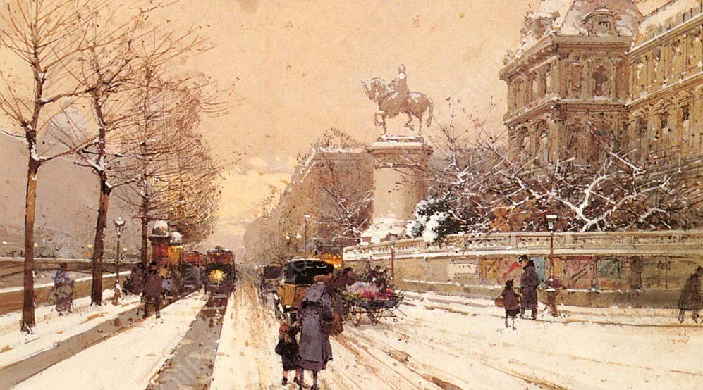 Paris in Winter by Eugene Galien-Laloue - Hand-Painted Oil Painting Reproduction