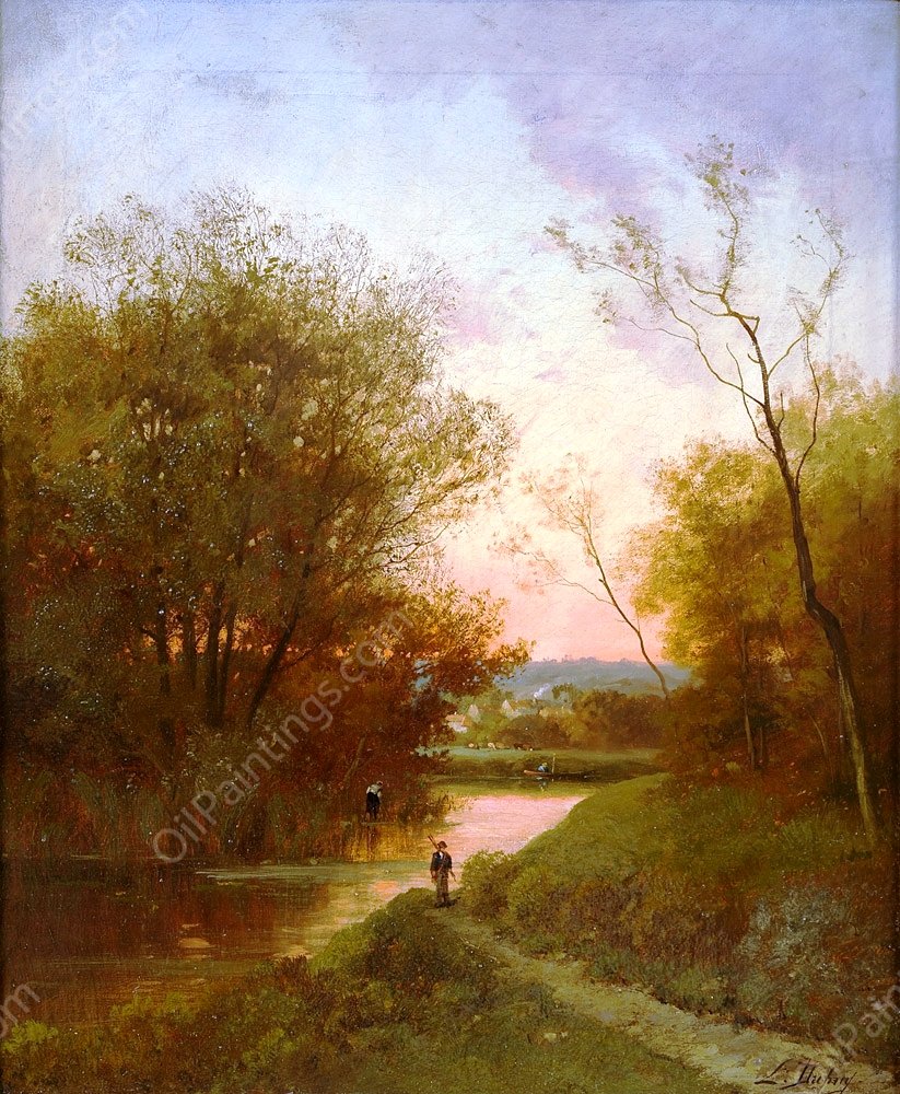 River Landscape with Angler by Eugene Galien-Laloue - Hand-Painted Oil Painting Reproduction