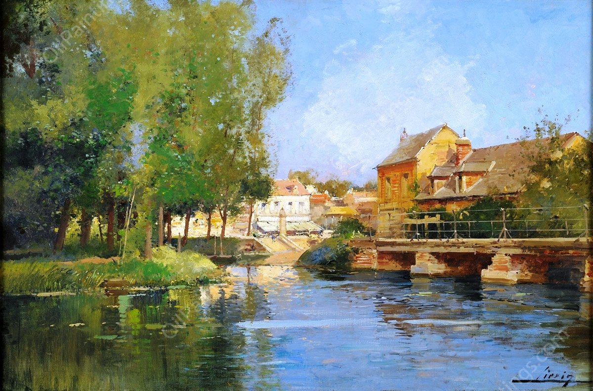 River Landscape with City View by Eugene Galien-Laloue - Hand-Painted Oil Painting Reproduction
