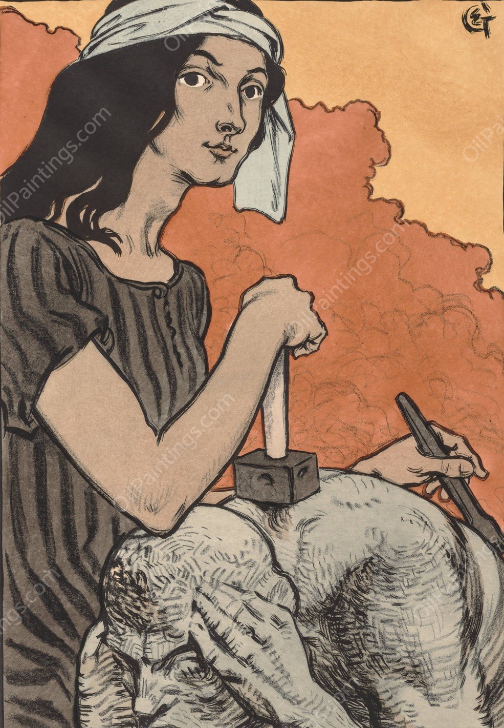 Sculptress  by Eugene Grasset - Hand-Painted Oil Painting Reproduction