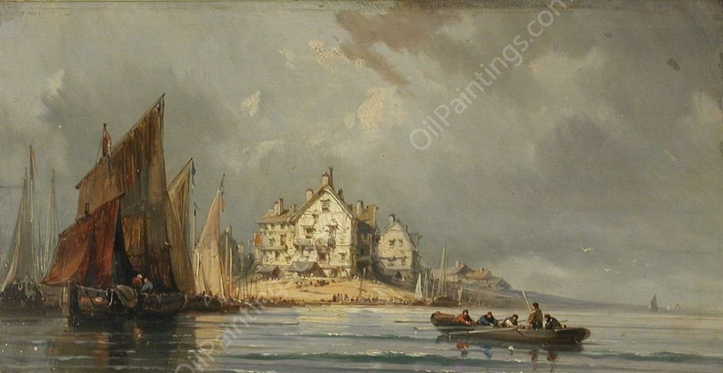 Coastal Landscape with Boats and Constructions by Eugene Isabey - Hand-Painted Oil Painting Reproduction