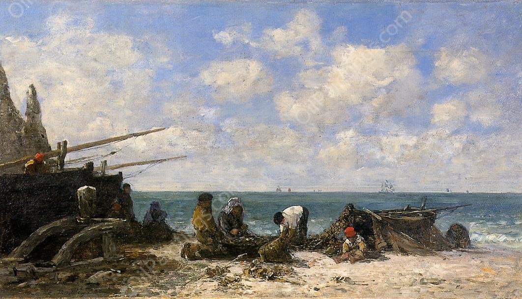Etretat: Fishermen on the Beach by Eugene-Louis Boudin - Hand-Painted Oil Painting Reproduction