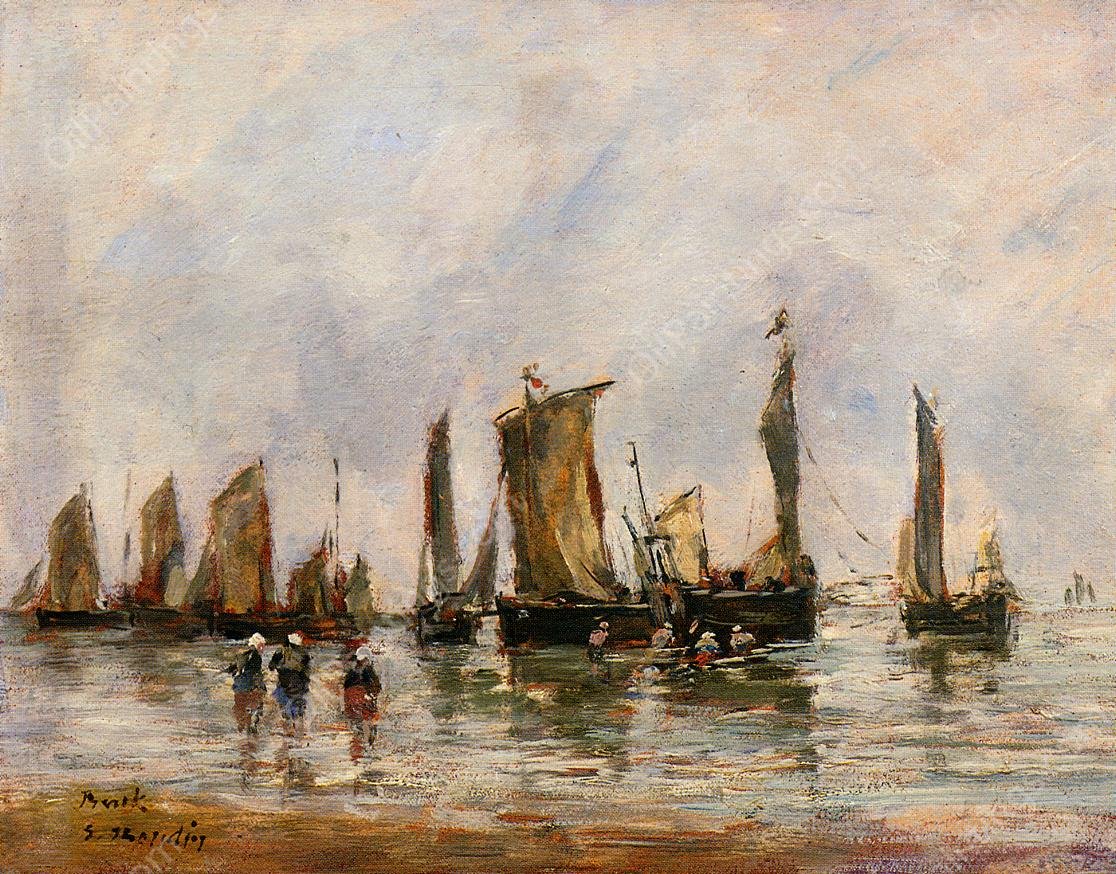 Fishing Boats at Berck by Eugene-Louis Boudin - Hand-Painted Oil Painting Reproduction