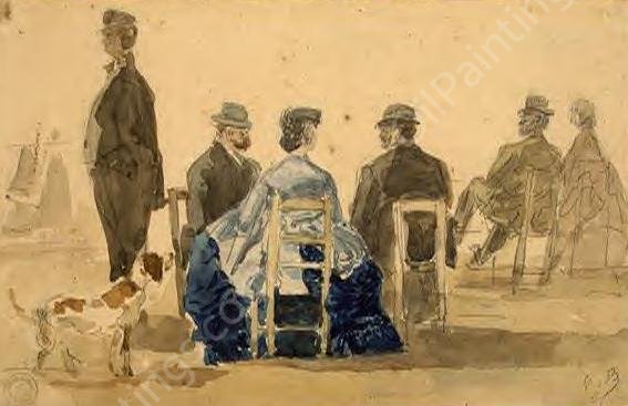 Ladies and Gentlemen Seated on the Beach with a Dog by Eugene-Louis Boudin - Hand-Painted Oil Painting Reproduction