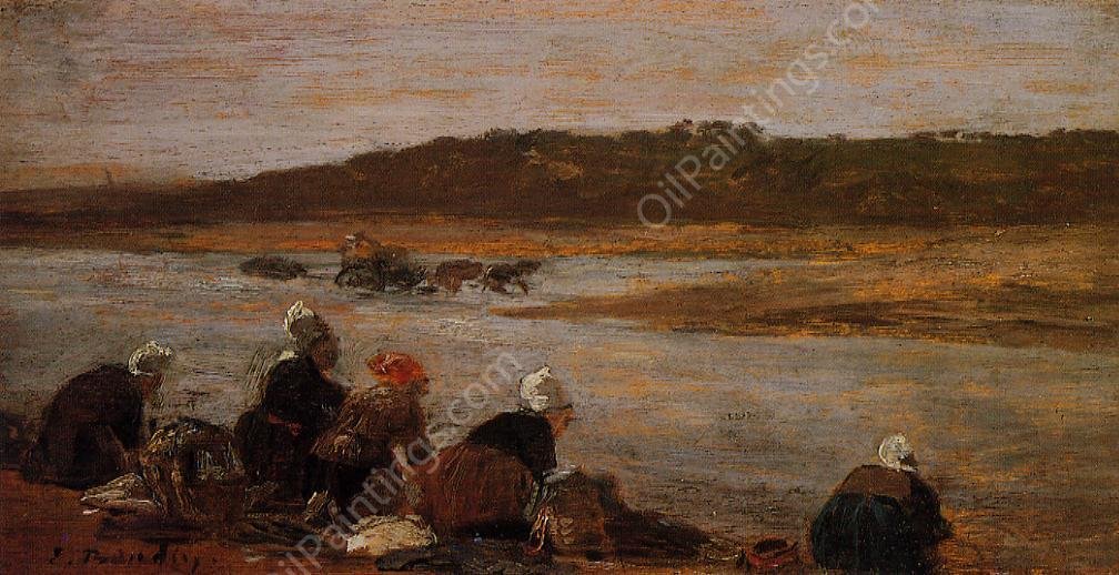 Laundresses on the Banks of the Touques also known as The Effect of Fog by Eugene-Louis Boudin - Hand-Painted Oil Painting Reproduction