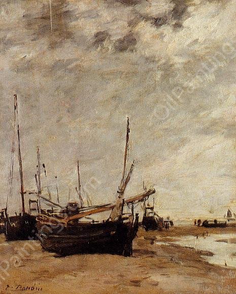 Low Tide, Grounded Sailboats by Eugene-Louis Boudin - Hand-Painted Oil Painting Reproduction