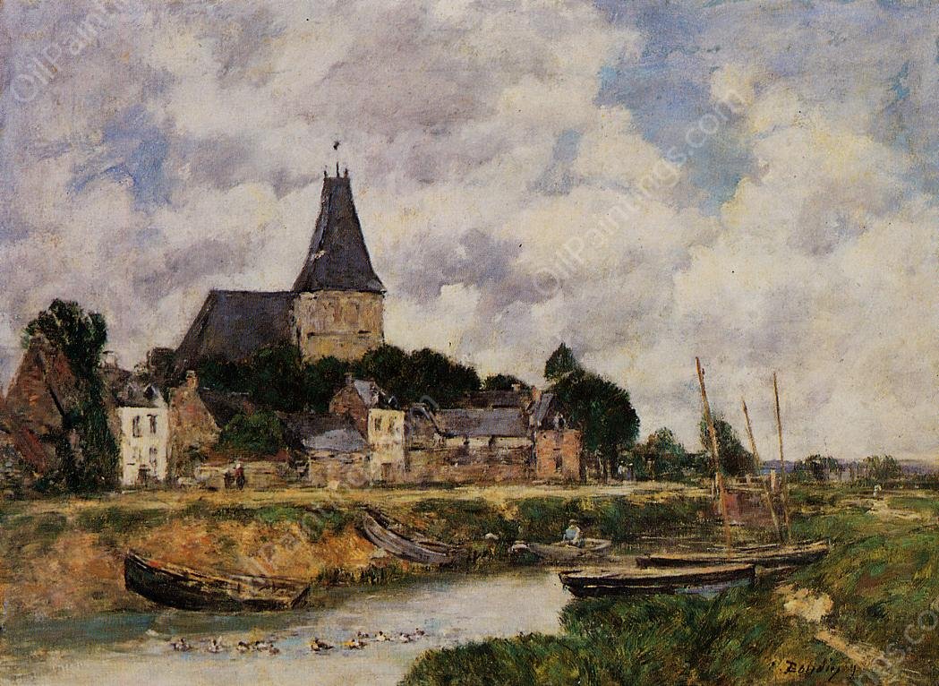 Quillebeuf, View of the Church from the Canal by Eugene-Louis Boudin - Hand-Painted Oil Painting Reproduction
