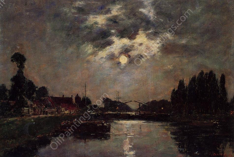 Saint-Valery-sur-Somme, Moonrise over the Canal by Eugene-Louis Boudin - Hand-Painted Oil Painting Reproduction