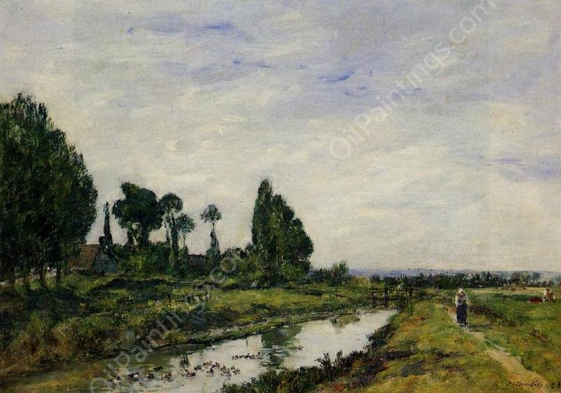 Small Canal at Quilleboeuf by Eugene-Louis Boudin - Hand-Painted Oil Painting Reproduction
