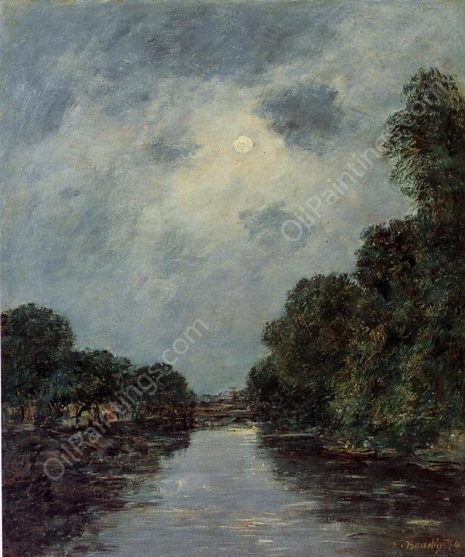 The Somme near D'Abbeville - Moonlight by Eugene-Louis Boudin - Hand-Painted Oil Painting Reproduction