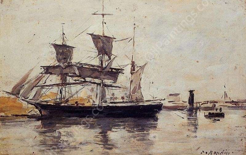 Three Masted Ship at Dock by Eugene-Louis Boudin - Hand-Painted Oil Painting Reproduction