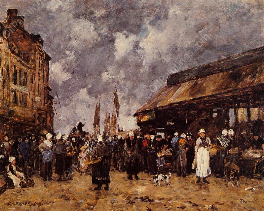 Trouville, the Fish Market by Eugene-Louis Boudin - Hand-Painted Oil Painting Reproduction