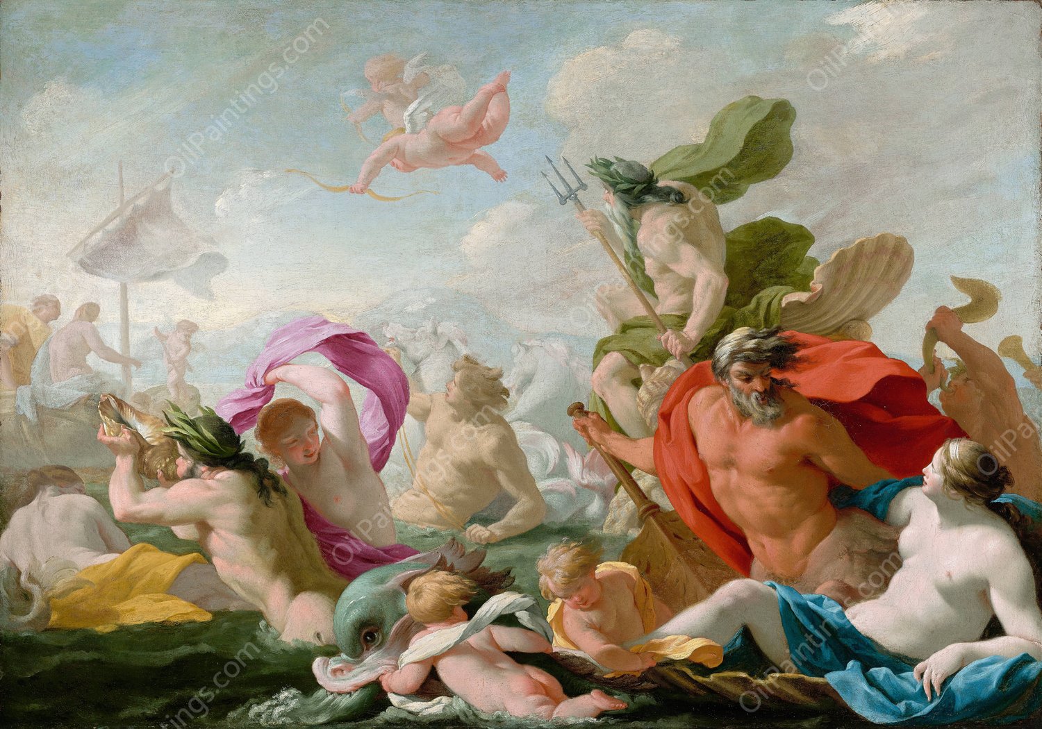 Marine Gods Paying Homage To Love  by Eustache Le Sueur - Hand-Painted Oil Painting Reproduction