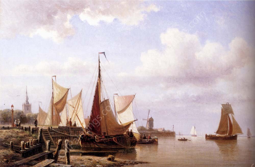 A River Estuary With Moored Fishing Pinks And Townsfolk On The Quay by Everhardus Koster - Hand-Painted Oil Painting Reproduction