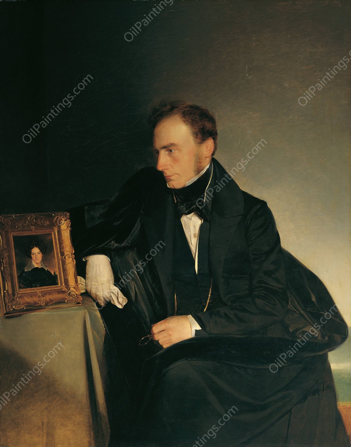 The painter Franz Wipplinger, looking at the miniature portrait of his deceased sister  by Franz Eybl - Hand-Painted Oil Painting Reproduction