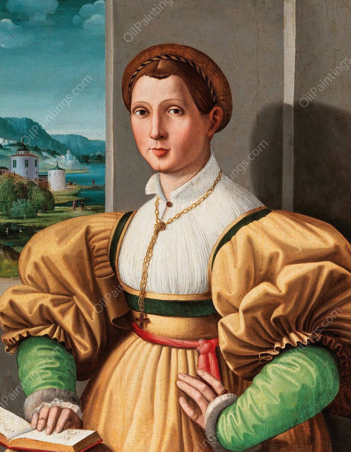 Portrait Of A Lady, Half-Length, In A Yellow Dress With Green Sleeves And A Book In An Interior, A Landscape Beyond by Ezechia Da Vezzano - Hand-Painted Oil Painting Reproduction