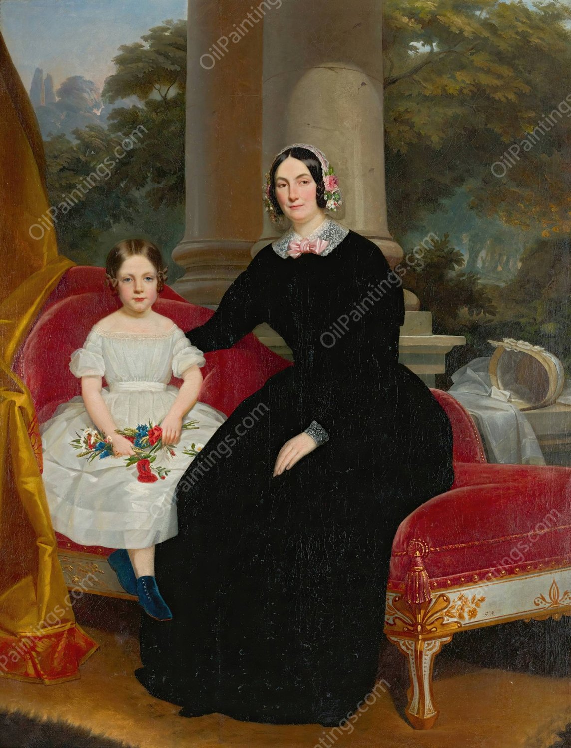 Portrait of a mother and her daughter by Federico De Madrazo Y Kuntz - Hand-Painted Oil Painting Reproduction