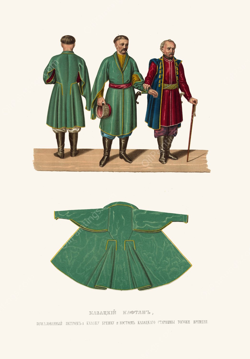 Kazatskii kaftan, pozhalovannyi Petrom I kazaku Breshku i kostium kazatskago starshiny togo zhe vremeni  by Fedor Grigoryevich Solntsev - Hand-Painted Oil Painting Reproduction