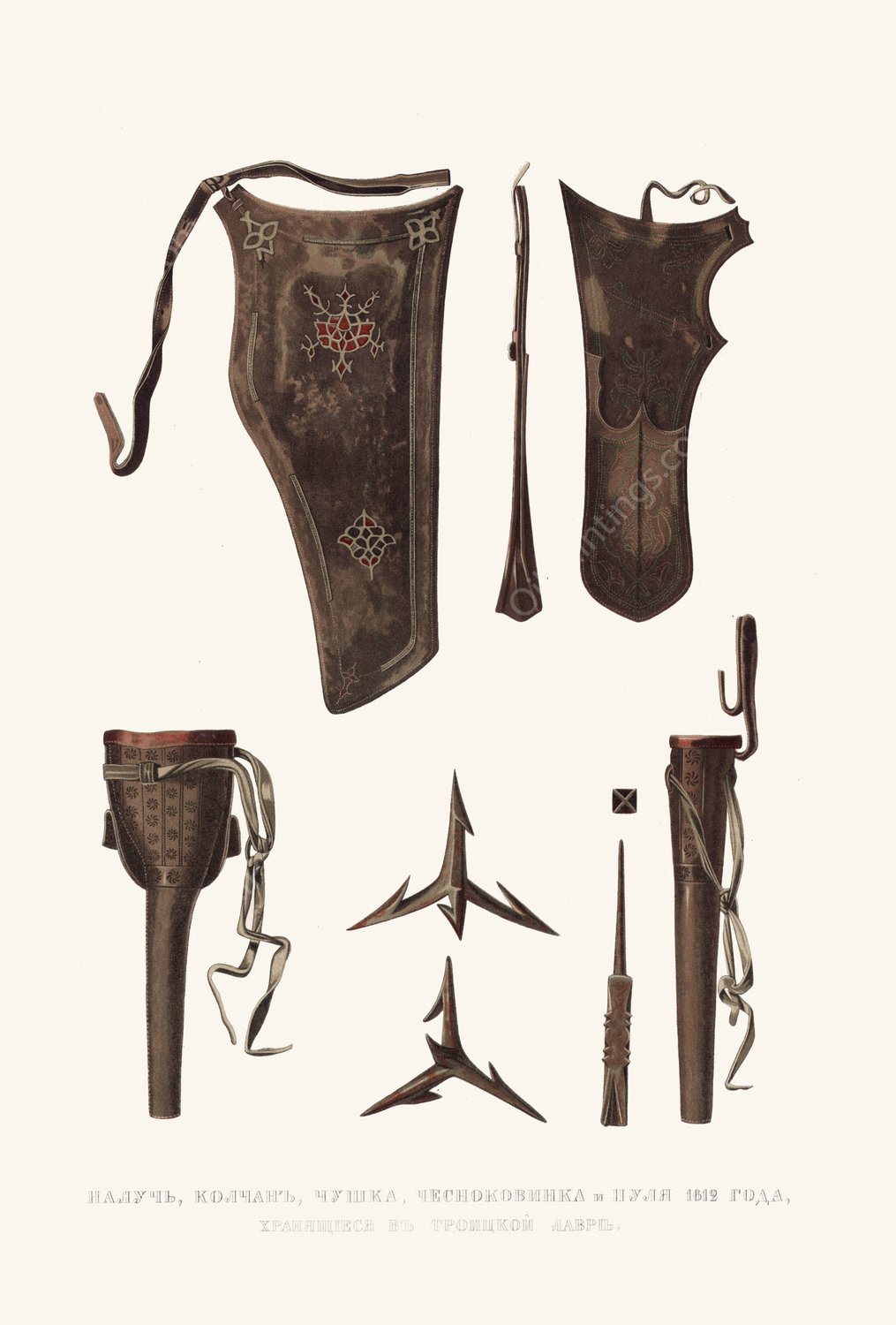 Naluchie, kolchan, chushka, chesnokovinka i pulia 1612 goda, khraniashchiesia v Troitskoi lavre  by Fedor Grigoryevich Solntsev - Hand-Painted Oil Painting Reproduction