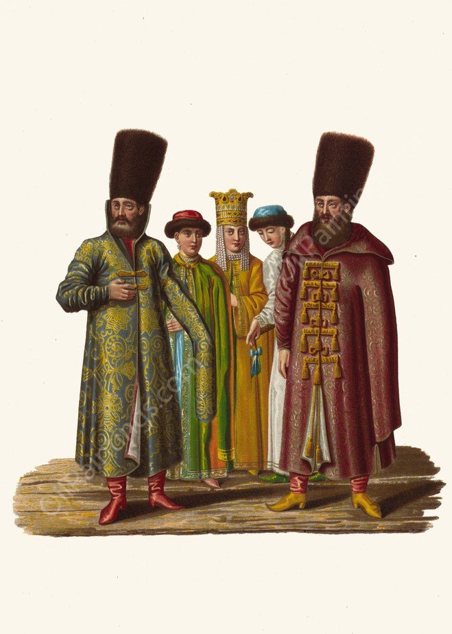 Odezhda boiarskaia, muzhskaia i zhenskaia XVII stoletiia  by Fedor Grigoryevich Solntsev - Hand-Painted Oil Painting Reproduction