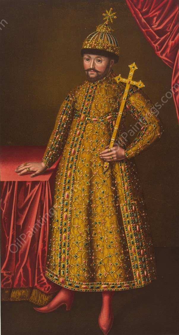 Odezhda tsarskaia XVII stoletiia. Izobrazhenie tsaria Feodora Alekseevicha  by Fedor Grigoryevich Solntsev - Hand-Painted Oil Painting Reproduction
