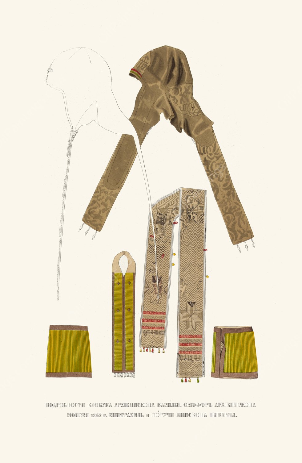 Podrobnosti klobuka arkhiepiskopa Vasiliia. Omofor arkhiepiskopa Moiseia 1362 g. Epitrahil'i poruchi episkopa Nikity  by Fedor Grigoryevich Solntsev - Hand-Painted Oil Painting Reproduction