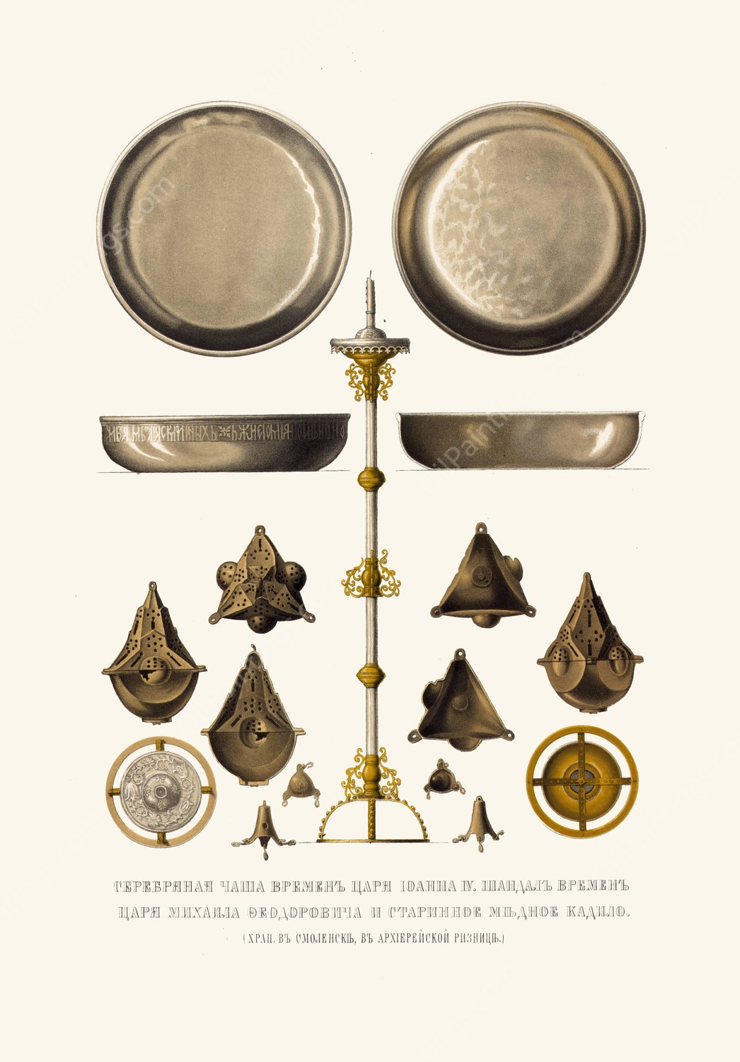 Serebrianaia chasha vremen tsaria Ioanna IV. Shandal vremen tsaria Mikhaila Feodorovicha I starinnoe mednoe kadilo  by Fedor Grigoryevich Solntsev - Hand-Painted Oil Painting Reproduction
