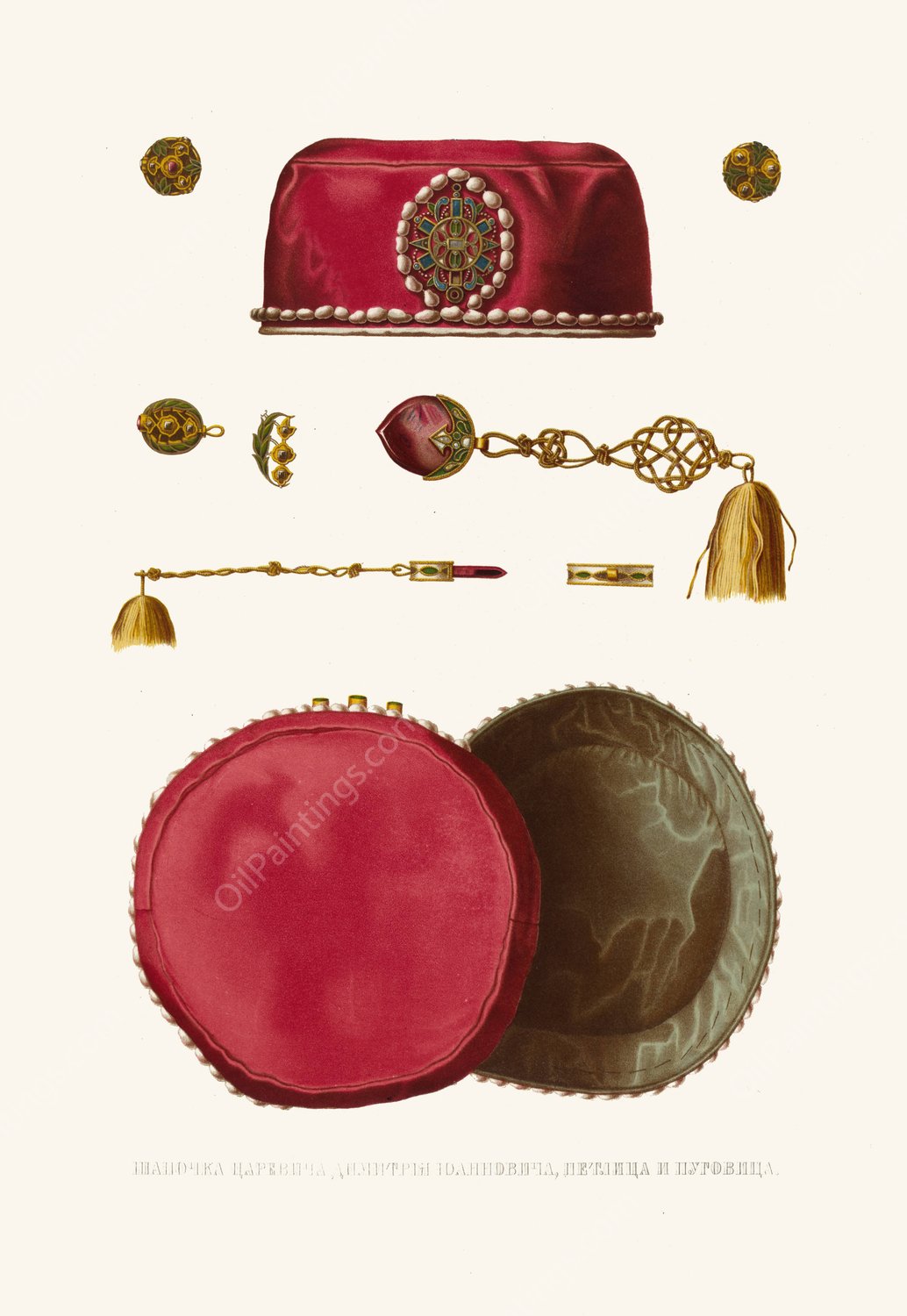Shapochka tsarevicha Dimitriia Ioannovicha, petlitsa i pugovitsa  by Fedor Grigoryevich Solntsev - Hand-Painted Oil Painting Reproduction